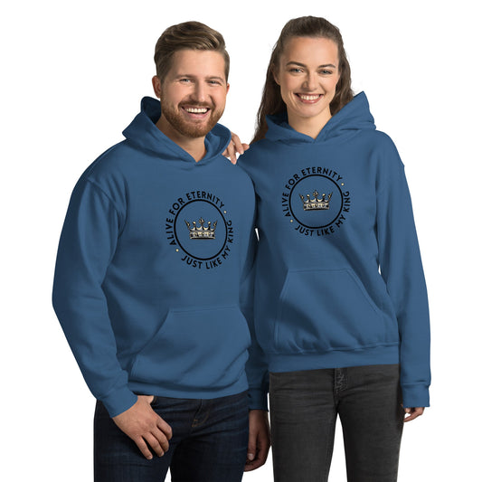 Man and Woman wearing blue Alive for Eternity Hooded sweatshirts