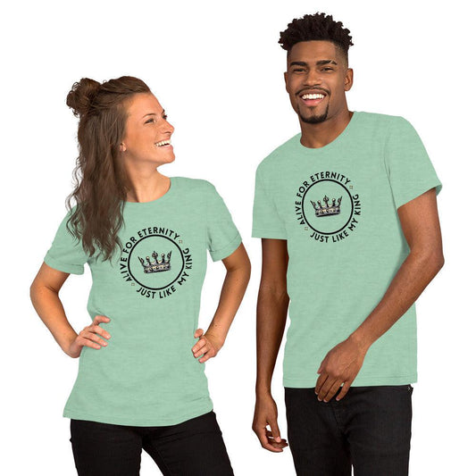 Woman and Man wearing mint green Alive for Eternity T-Shirt from Perfect Love Designs