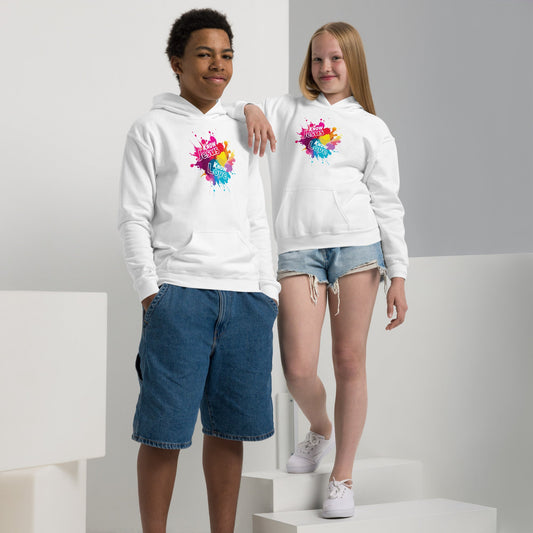 Boy and girl wearing Know Jesus Know Love Youth Hoodie with colorful paint splash graphic print by Perfect Love Designs