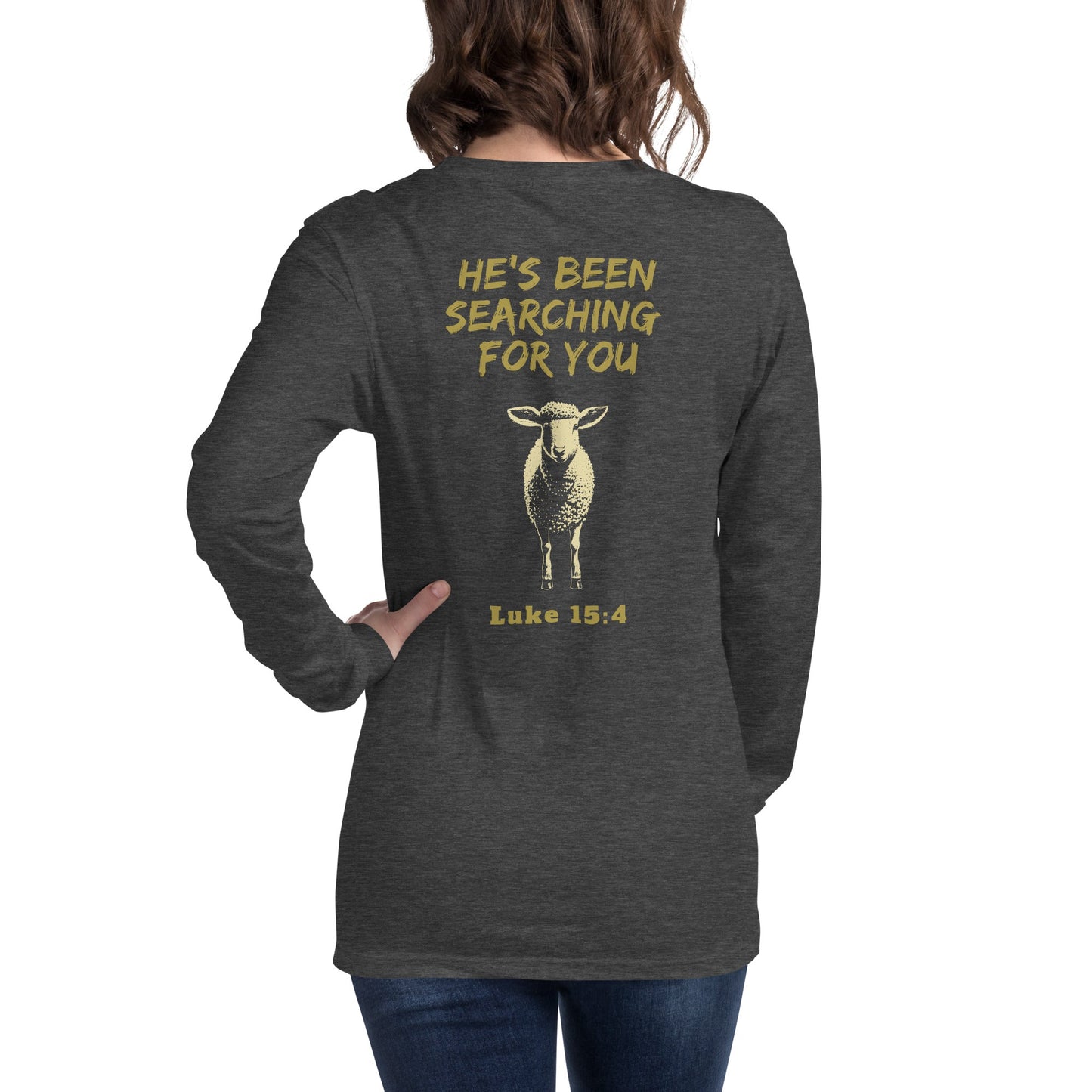 Woman wearing Lost Sheep T-Shirt with gold text and bible verse and sheep graphic-Perfect Love Designs