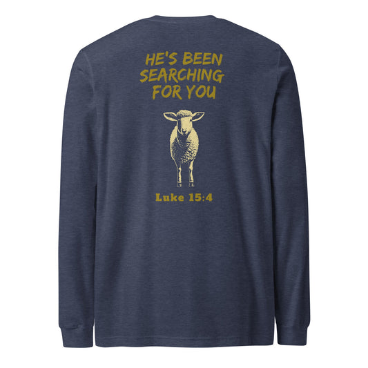 Back view of heather navy Lost Sheep long sleeve Shirt-Gold text He's been searching for you Luke 15:4-Perfect Love Designs
