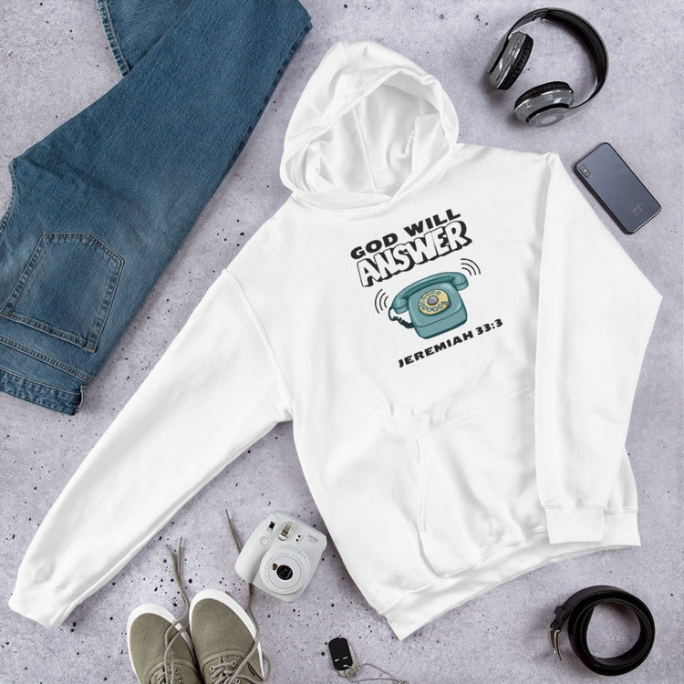 White hooded sweatshirt printed with blue telephone and black & white text God Will Answer and bible verse reference Jeremiah 33:3