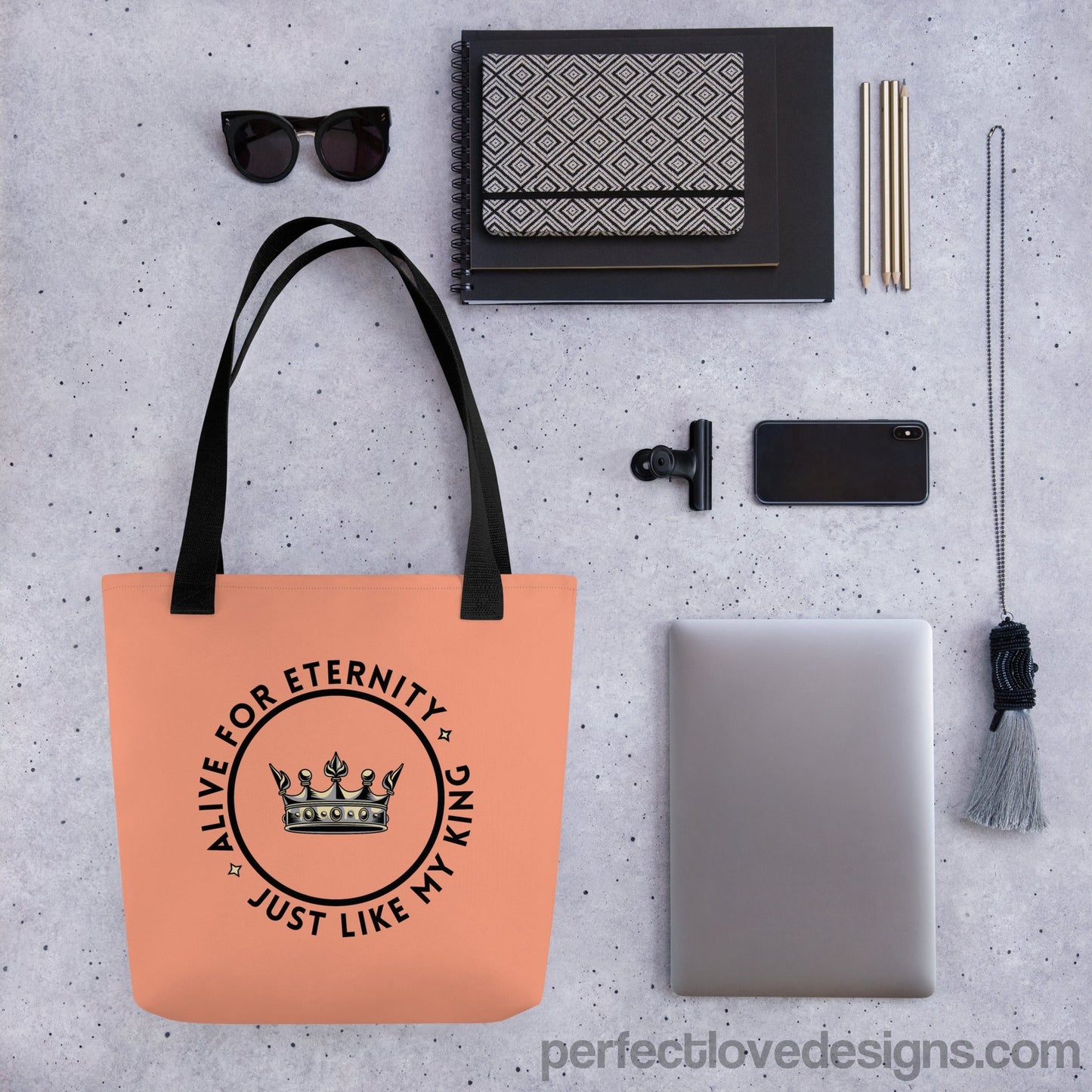 Peach Alive for Eternity Tote Bag next to accessories-Perfect Love Designs