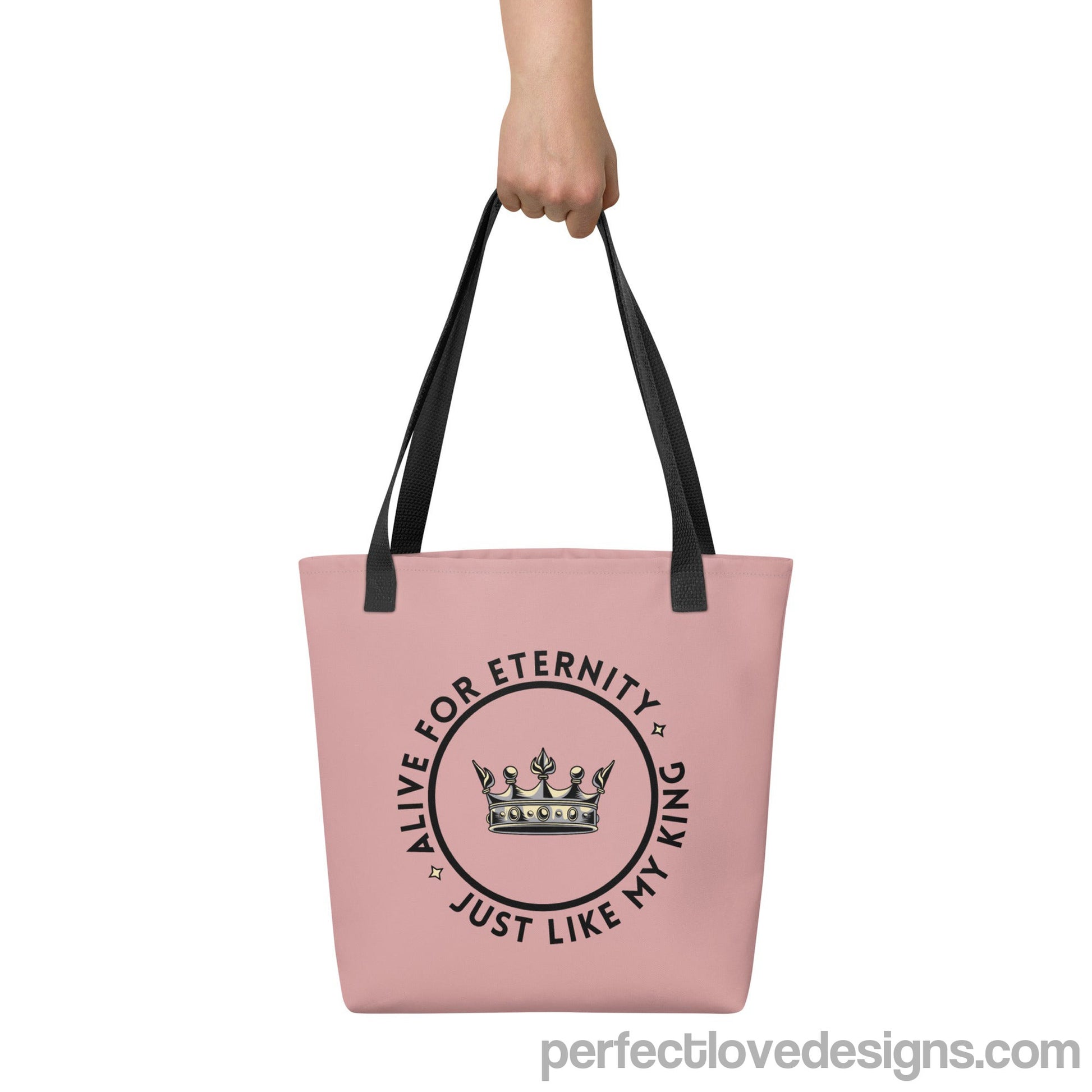 Hand holding rose pink Alive for Eternity Tote Bag-Perfect Love Designs