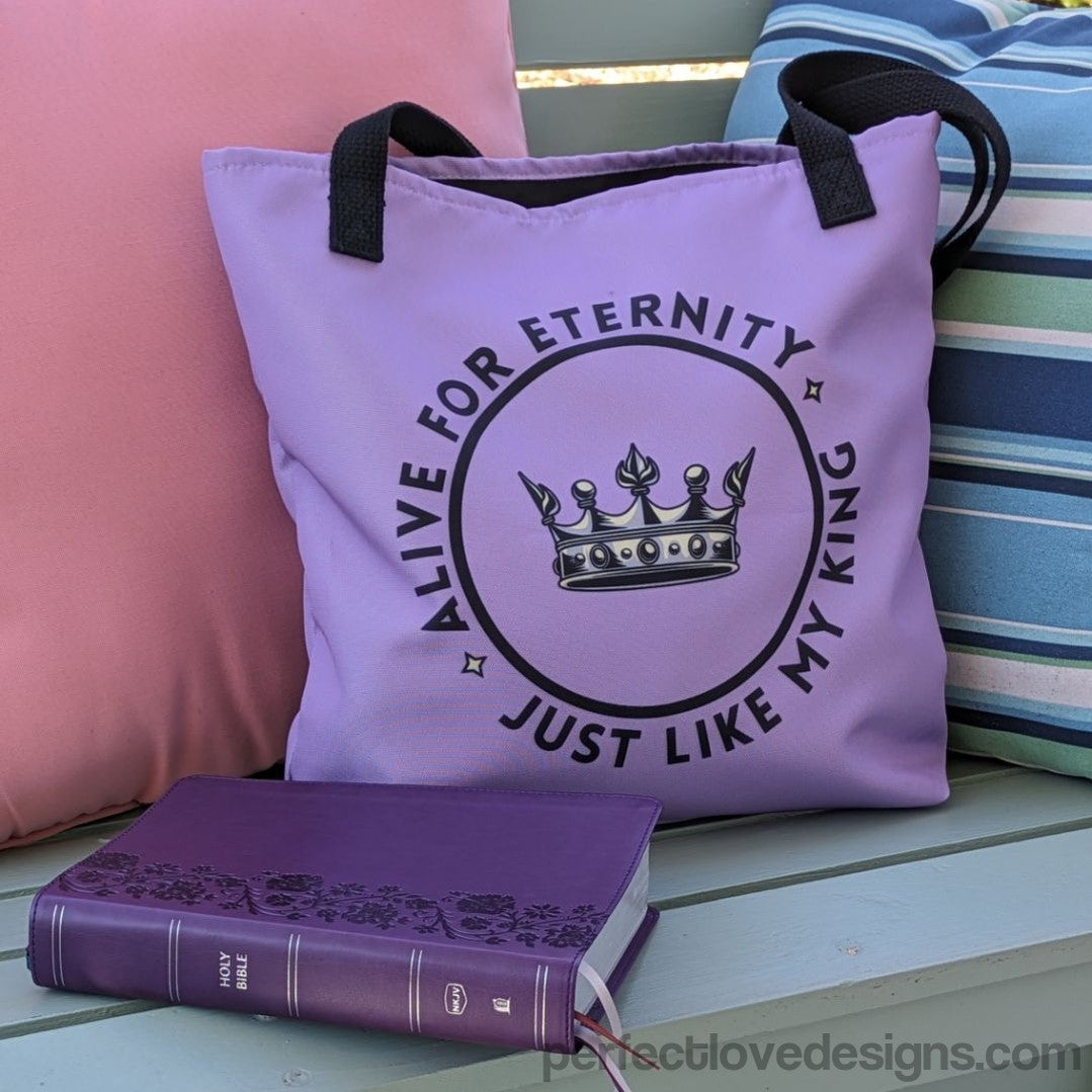 Purple Alive for Eternity Tote Bag next to Bible-Perfect Love Designs