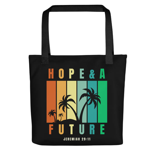 Black tote bag with palm tree design and 'Hope & A Future' text 