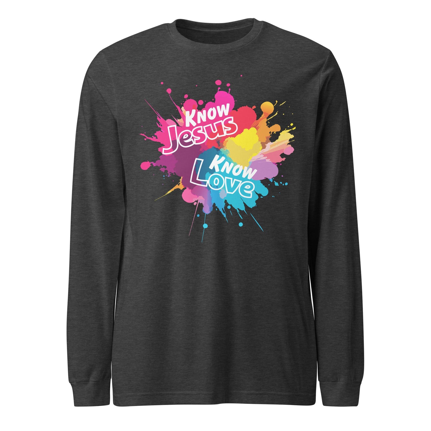Know Jesus Long Sleeve Tee-Dark Grey Heather-XS-Perfect Love Designs