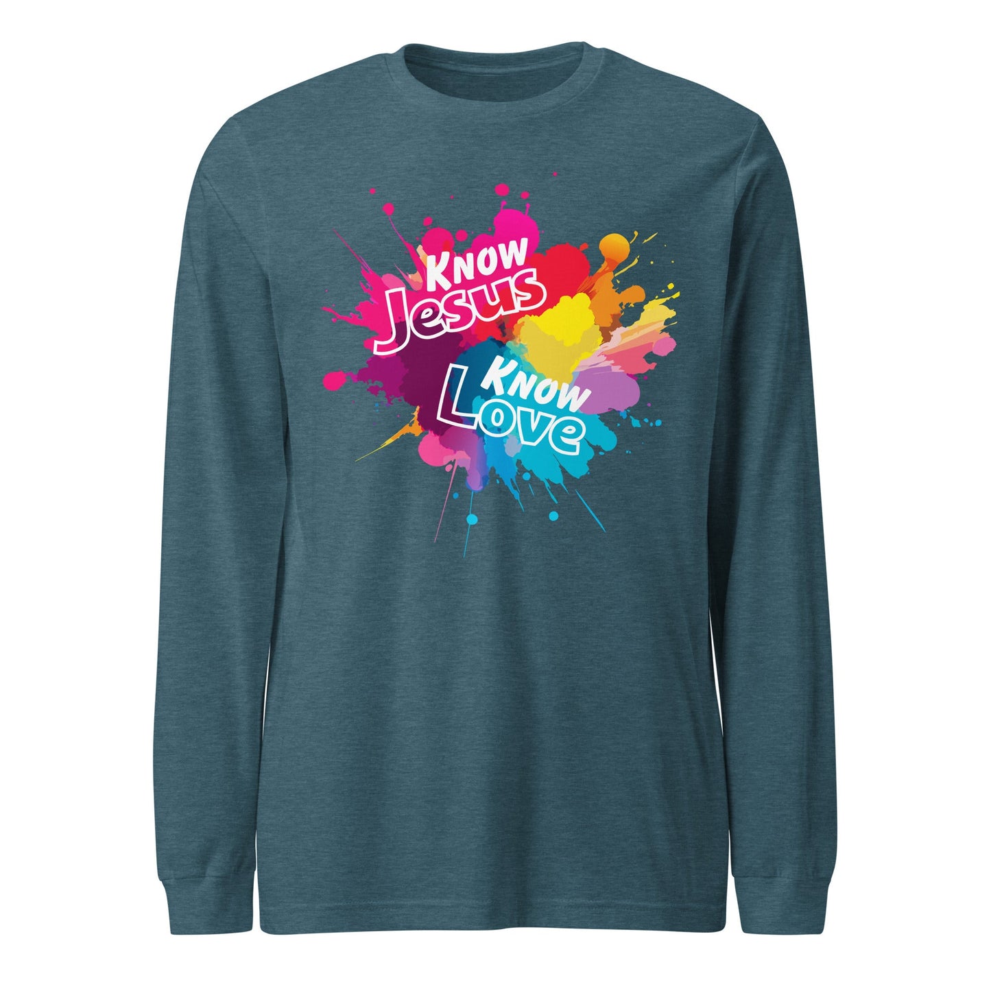 Know Jesus Long Sleeve Tee-Heather Deep Teal-XS-Perfect Love Designs