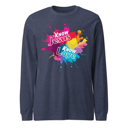 Know Jesus Long Sleeve Tee-Heather Navy-XS-Perfect Love Designs