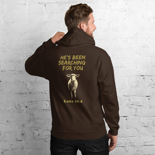 Man wearing brown Lost Sheep hooded sweatshirt with gold text and bible verse and sheep graphic by Perfect Love Designs