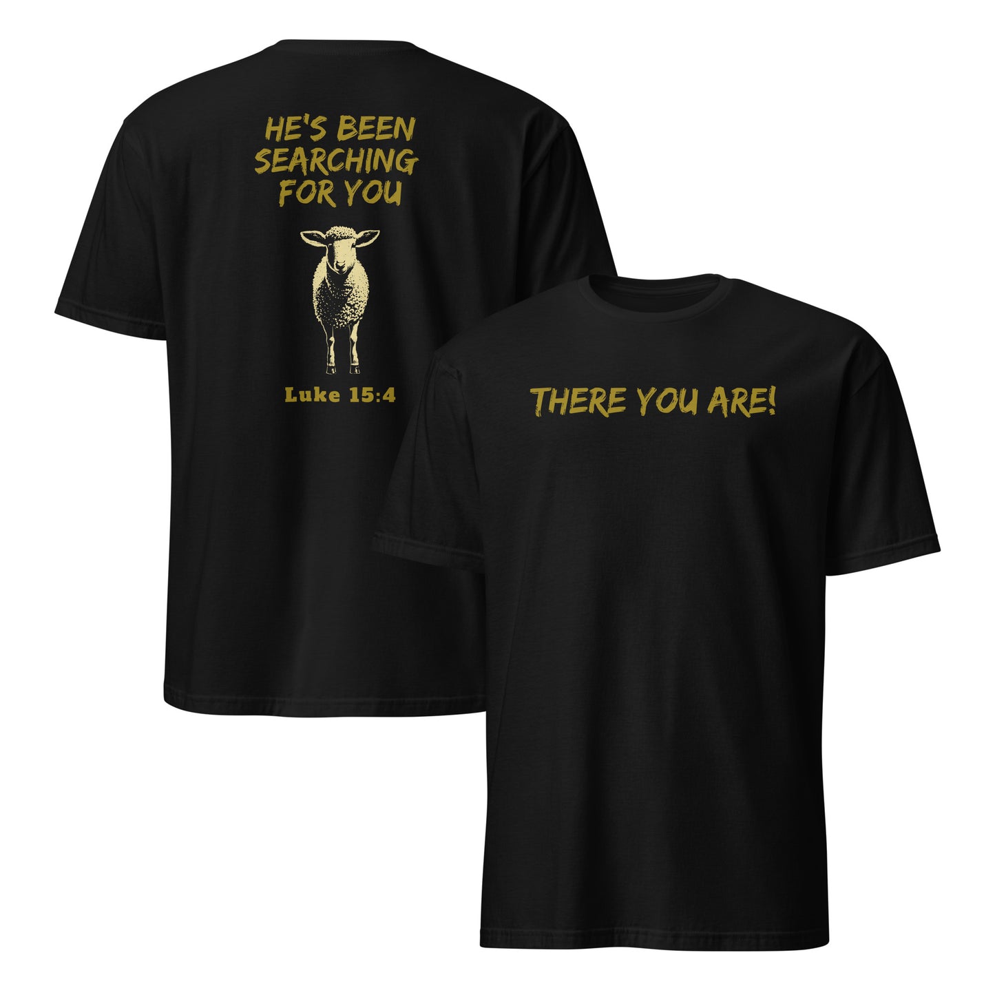 Gold text on front and back of black Lost Sheep T-shirt design based on Luke 15:4