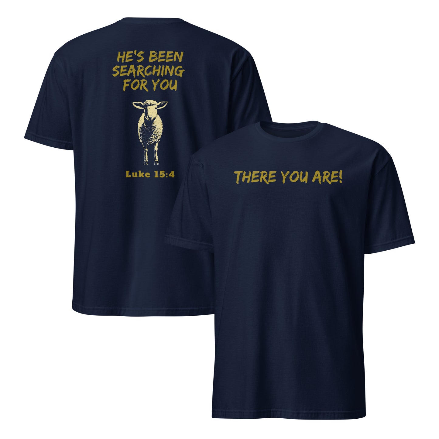 Gold text on front and back of navy Lost Sheep T-shirt design based on Luke 15:4