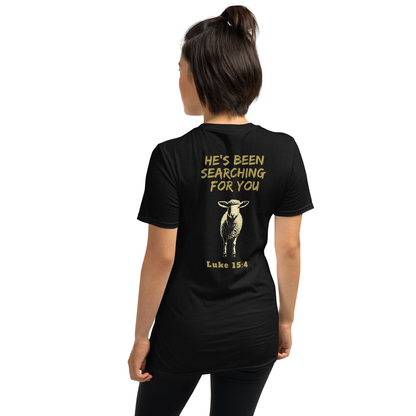 Woman wearing black Lost Sheep T-Shirt with gold text and bible verse and sheep graphic-Perfect Love Designs