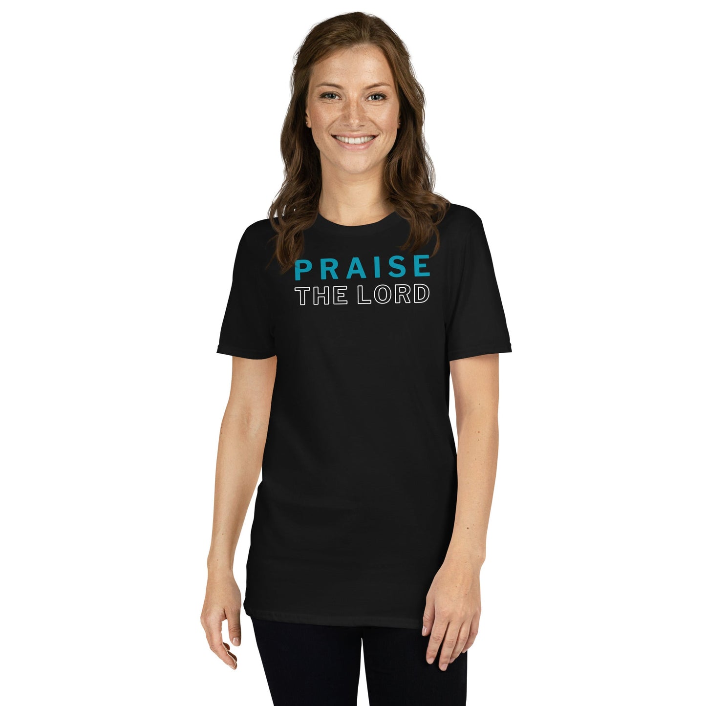 Woman wearing black Praise the Lord T-Shirt with teal and white text-Perfect Love Designs